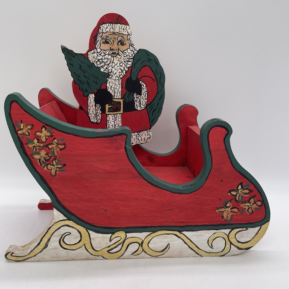 Vintage 1991 Michaels Craft Store Wooden Santa‎ & Sleigh Hand Painted Christmas